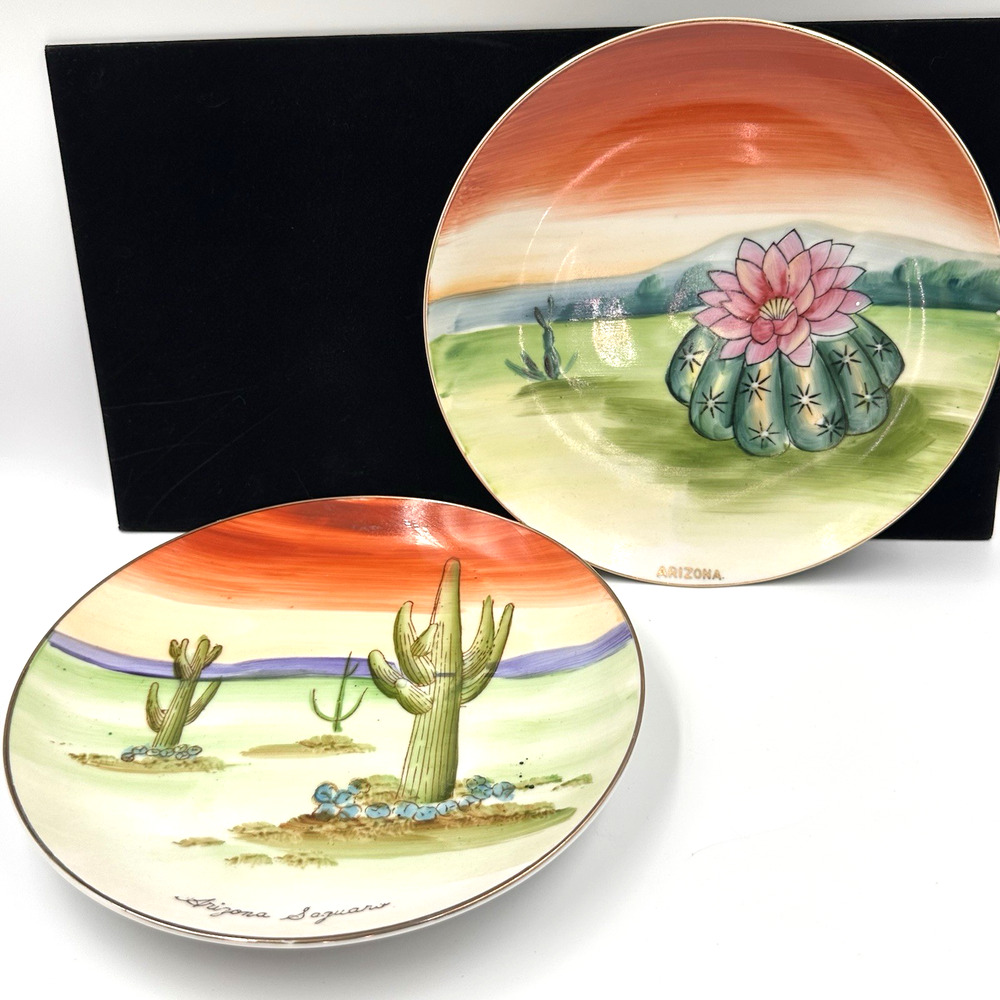 Vintage Arizona Desert Cactus Plates Saguaro Trees Hand Painted Norcrest S-139